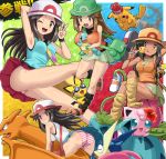  1girl :q ;d angry arm_behind_head arm_up armpits ass bag bare_legs bare_shoulders between_breasts black_legwear blue_(pokemon) blue_skirt breast_smother breasts brown_eyes brown_hair candy charizard clenched_teeth cup dark_skin drink drinking_glass female flower flying food fruit gen_1_pokemon gen_2_pokemon gen_6_pokemon green_hat green_panties green_skirt greninja grey_skirt hand_behind_head hand_on_headwear hat hibiscus highres horizontal-striped_panties ice impossible_clothes impossible_shirt ivysaur jigglypuff legs legs_crossed lemon lemon_slice lollipop long_hair looking_at_another looking_at_viewer looking_back loose_socks medium_breasts miniskirt multiple_persona nintendo one_eye_closed open_mouth panties pantyshot pantyshot_(sitting) pantyshot_(standing) pervert pichu pikachu pleated_skirt pokemoa pokemon pokemon_(creature) pokemon_(game) pokemon_frlg porkpie_hat red_skirt riding shirt shoes_removed sitting skirt sleeveless sleeveless_shirt smile smoke squirtle standing striped striped_panties super_smash_bros. sweatdrop teeth tongue tongue_out underwear v white_hat wristband yellow_hat yellow_legwear 