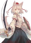  1girl animal_ears commentary_request cowboy_shot detached_sleeves hat inubashiri_momiji katana looking_at_viewer midriff open_mouth red_eyes shield solo sword tail terrajin tokin_hat touhou weapon white_background white_hair wide_sleeves wolf_ears wolf_tail 