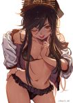  bikini black_hair contrapposto cowboy_shot fate/grand_order fate_(series) frilled_bikini_bottom hand_on_hip hand_to_own_face hat jacket long_hair looking_at_viewer marchab_66 navel oda_nobunaga_(fate) oda_uri one_eye_closed orange_eyes shako_cap simple_background sweat swimsuit tongue tongue_out white_background 