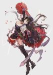  1girl black_gloves black_hair breasts cleavage dress flower gloves granblue_fantasy hair_between_eyes hair_flower hair_ornament high_heels jewelry large_breasts long_hair looking_at_viewer necklace nineo outstretched_arms red_skirt rose rosetta_(granblue_fantasy) skirt smile solo thigh-highs violet_eyes watermark 