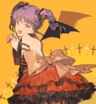  1girl :d absurdres arm_belt back back_bow backless_dress backless_outfit bang_dream! bangs black_bow bow character_name claw_pose cross demon_wings detached_collar detached_sleeves dress fang frilled_dress frills hair_bow highres looking_at_viewer looking_back nail_polish open_mouth purple_hair red_dress red_eyes red_nails sash sidelocks smile socha_(sotyahamu) solo striped_sleeves twintails udagawa_ako v-shaped_eyebrows wings yellow_background 