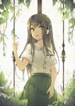  1girl absurdres bangs black_hair collared_shirt commentary_request eyebrows_visible_through_hair eyes_visible_through_hair flower green_eyes hand_up highres long_hair miya_kazutomo morning_glory original parted_lips plant pleated_skirt shirt short_sleeves skirt solo vines wet wet_hair white_shirt 