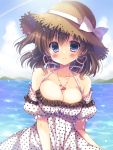  1girl bangs blue_eyes blush bow breasts brown_hair clouds cloudy_sky commentary_request condensation_trail day dress earrings eyebrows_visible_through_hair frilled_sleeves frills halter_dress hat hat_bow heart heart_earrings heart_necklace highres jewelry kouta. large_breasts looking_at_viewer medium_hair ocean original outdoors polka_dot polka_dot_dress short_sleeves sky smile solo straw_hat upper_body white_bow white_dress 