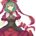  1girl :&gt; commentary_request frills green_eyes green_hair hair_ribbon kagiyama_hina long_skirt ribbon skirt skirt_hold solo terrajin touhou white_background wrist_ribbon 