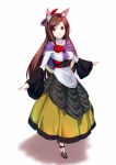  1girl alternate_costume animal_ears brown_hair commentary_request dress full_body hair_ornament highres imaizumi_kagerou long_hair red_eyes shawl shoes simple_background solo tenamaru touhou white_background wolf_ears 