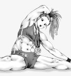  1girl abs arm_up armpits bandaid bare_shoulders biceps breasts captain_mizuki cleavage flexible greyscale groin gym_shorts looking_at_viewer medal midriff monochrome muscle muscular_female navel one-punch_man open_mouth ponytail short_shorts shorts simple_background split sports_bra spread_legs stretch toned white_background wristband 