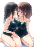  2girls arm_at_side asymmetrical_docking barefoot black_hair blue_eyes blush breast_press breasts brown_eyes brown_hair collarbone commentary competition_school_swimsuit earrings eye_contact hand_on_another&#039;s_thigh highres homura_subaru jewelry kneeling large_breasts light long_hair looking_at_another multiple_girls one-piece_swimsuit original parted_lips ponytail profile school_swimsuit simple_background sitting strap_slip stud_earrings swimsuit undressing wet white_background yokozuwari yuri 