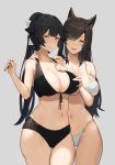  2girls ;d animal_ears atago_(azur_lane) azur_lane bangs bikini black_bikini black_hair black_nails blush bow breasts brown_eyes cleavage cowboy_shot front-tie_bikini front-tie_top gluteal_fold grey_background groin hair_bow hair_flaps half-closed_eye hand_on_another&#039;s_neck hand_on_breast hayabusa highleg highleg_bikini highres large_breasts long_hair looking_at_viewer mole mole_under_eye multiple_girls nail_polish navel one_eye_closed open_mouth ponytail ribbon signature simple_background skindentation smile standing swept_bangs swimsuit takao_(azur_lane) thigh_gap thighs white_bikini white_bow white_nails white_ribbon wide_hips wolf_ears 