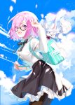  alternate_costume backpack bag black_skirt blouse clouds eyes_visible_through_hair fate/grand_order fate_(series) fou_(fate/grand_order) glasses hair_over_one_eye highres mash_kyrielight mona0101 neck_ribbon open_mouth pantyhose petticoat pink_hair ribbon skirt sky smile violet_eyes white_blouse 
