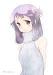 1girl arms_behind_back bangs casual closed_mouth commentary_request dress halterneck long_hair looking_to_the_side meme_attire nakasawa_kei purple_hair ribbed_dress ribbed_sweater saki simple_background sleeveless sleeveless_dress smile solo standing suehara_kyouko sweater turtleneck twitter_username upper_body violet_eyes virgin_killer_sweater white_background white_sweater 