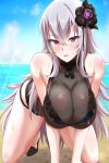  1girl all_fours alternate_costume arima_kouichi azur_lane bangs beach bikini black_bikini black_footwear black_swimsuit blue_sky blush breasts cleavage clouds crossed_bangs eyebrows_visible_through_hair flower graf_zeppelin_(azur_lane) hair_between_eyes hair_flower hair_ornament large_breasts long_hair looking_at_viewer ocean open_mouth red_eyes sand see-through sidelocks silver_hair sky smile solo swimsuit wet 