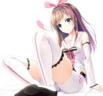  1girl a.i._channel blue_eyes brown_hair commentary detached_sleeves eyebrows_visible_through_hair hairband kizuna_ai lace lace-trimmed_thighhighs long_hair looking_at_viewer mac-kine multicolored_hair pink_hair pink_hairband sailor_collar shirt shorts sitting smile solo streaked_hair thigh-highs two-tone_hair v-shaped_eyebrows virtual_youtuber white_legwear white_sailor_collar white_shirt white_shorts 