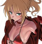  1girl arm_up bikini_top blonde_hair braid breasts choker collarbone earrings elbow_gloves eyebrows_visible_through_hair fate/apocrypha fate_(series) front-tie_bikini front-tie_top gloves green_eyes halterneck jewelry mordred_(fate)_(all) off_shoulder ponytail red_bikini_top red_gloves side_braid small_breasts solo ulrich_(tagaragakuin) upper_body work_in_progress 
