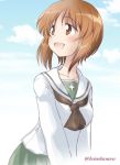  1girl bangs black_neckwear blouse brown_eyes brown_hair clouds cloudy_sky day eyebrows_visible_through_hair girls_und_panzer green_skirt long_sleeves looking_to_the_side nakasawa_kei neckerchief nishizumi_miho ooarai_school_uniform open_mouth outdoors pleated_skirt school_uniform serafuku short_hair skirt sky smile solo standing twitter_username upper_body v_arms white_blouse 