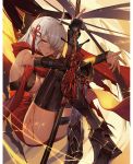  1girl ahoge arm_guards armored_boots black_bow boots bow breasts cleavage dark_skin fate/grand_order fate_(series) hair_between_eyes hair_bow hair_ornament hair_over_one_eye highres holding holding_weapon knees_to_chest knees_up large_breasts legs_crossed long_hair okita_souji_(alter)_(fate) okita_souji_(fate)_(all) orangesekaii red_scarf scarf silver_hair sitting solo sweat tassel tied_hair weapon yellow_eyes 