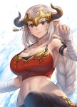  1girl aliza_(granblue_fantasy) arm_ribbon armpits bandage bandaged_arm bandaged_hands bare_shoulders black_pants black_ribbon breasts brown_eyes closed_mouth collarbone commentary crop_top curvy draph fingernails forehead_protector granblue_fantasy grey_hair hand_up highres horns large_breasts leg_up long_hair looking_at_viewer midriff natsuyu navel pants pointy_ears red_tank_top ribbon sidelocks signature smile solo stomach strap_gap striped striped_ribbon tank_top v-shaped_eyes very_long_hair white_background 