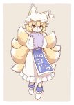  1girl blonde_hair dress fox_tail frilled_dress frills full_body hands_in_opposite_sleeves hat multiple_tails ofuda pillow_hat poronegi short_hair simple_background smile tabard tail touhou wide_sleeves yakumo_ran yellow_eyes 