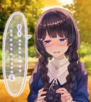  1girl bangs black_hair blue_eyes blurry blurry_background blush braid brat commentary_request day embarrassed eyebrows_visible_through_hair hair_ornament hair_over_shoulder hairclip holding holding_hair jewelry long_hair long_sleeves looking_at_viewer necklace nijisanji nose_blush open_mouth outdoors solo speech_bubble translation_request tree tsukino_mito twin_braids twintails upper_body virtual_youtuber wavy_mouth 