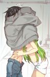  /\/\/\ 1boy 1girl black_hair blurry blurry_background breasts c.c. code_geass commentary_request cowboy_shot creayus denim faceless faceless_female faceless_male from_side green_hair grey_sweater groin hetero jeans leaning_forward lelouch_lamperouge long_hair long_sleeves medium_breasts motion_lines open_fly pants shared_clothes shared_sweater sideboob standing surprised sweatdrop sweater torso_grab towel towel_around_waist very_long_hair white_towel 