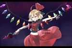  ahoge bangs black_shirt blonde_hair bow buttons character_name cowboy_shot flandre_scarlet hair_between_eyes hair_bow highres jewelry laevatein midriff navel no_hat no_headwear o_(crazyoton46) open_mouth red_eyes red_skirt red_vest shirt short_hair skirt touhou vest wings 