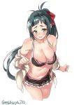  1girl blush bow breasts ebifurya green_eyes green_hair highres irako_(kantai_collection) kantai_collection large_breasts long_hair looking_at_viewer open_mouth ponytail red_bow shirt simple_background solo swimsuit twitter_username white_background white_shirt 