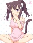  1girl ;o animal_ears bare_shoulders blush bow breasts brown_hair cat_ears cat_girl cat_hair_ornament cat_tail cleavage collarbone commentary_request crossed_ankles fang hair_ornament hairclip hand_to_own_mouth hand_up head_tilt kaiware-san long_hair medium_breasts one_eye_closed open_mouth original pink_bow pink_shirt polka_dot polka_dot_background shirt signature sitting sleepy solo strap_slip tail twintails violet_eyes white_background yawning 