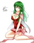  1girl breasts cape chiki chiki_(cosplay) cleavage cosplay dress eeryuu_(2004107) fire_emblem fire_emblem:_kakusei fire_emblem:_mystery_of_the_emblem fire_emblem_heroes green_eyes green_hair headband highres long_hair open_mouth paola pelvic_curtain red_dress simple_background sitting solo twitter_username white_background 