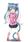  1girl ;d akira_(been0328) animal_ears black_skirt blue_eyes blue_hair cat_ears cat_tail child eyebrows_visible_through_hair full_body hair_between_eyes hair_bobbles hair_ornament hatsune_miku highres holding holding_microphone long_hair microphone miniskirt one_eye_closed open_mouth pink_shirt pleated_skirt red_footwear shirt short_sleeves simple_background skirt smile socks solo standing tail twintails very_long_hair vocaloid white_background white_legwear younger 