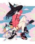  1girl blue_hair blush bubble_blowing chewing_gum clouds crisalys electric_guitar fan frog guitar hat heart highres instrument long_hair long_sleeves looking_to_the_side nike original ponytail puffy_sleeves red_shirt riding shirt shoelaces shoes shorts sidelocks sitting sneakers solo star triangle witch witch_hat 
