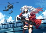  1girl absurdres aircraft ammunition_belt aqua_eyes bangs black_legwear blue_sky breasts choker cityscape clouds crop_top day floating_hair girls_frontline gloves gun hair_between_eyes hair_ornament hairclip hand_on_headset headset helicopter highres holding holding_gun holding_weapon jacket long_hair looking_away lwmmg_(girls_frontline) machine_gun midriff multicolored_hair ndtwofives off_shoulder outdoors red_jacket scenery shirt short_shorts shorts sidelocks silver_hair single_thighhigh skindentation sky solo standing star star_choker thigh-highs thigh_strap thighs twintails twitter_username two-tone_hair weapon white_shirt wind wind_lift 