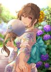  1girl :d aqua_bow back_bow bangs blue_flower bow braid brown_eyes brown_hair commentary_request day eyebrows_visible_through_hair fan floral_print flower hair_flower hair_ornament hair_over_shoulder hand_holding highres holding holding_fan hydrangea japanese_clothes kimono long_hair obi open_mouth original outdoors paper_fan pov pov_hands purple_flower sash shintou sidelocks smile solo_focus uchiwa wide_sleeves yellow_flower 