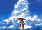  1girl black_hair blue_sky clouds day final_fantasy final_fantasy_xiv hat japanese_clothes kimono long_hair looking_at_viewer obi outdoors potion_lilac sash sky solo standing yotsuyu_(final_fantasy_xiv) 