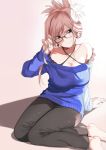  1girl amu_(258shin) bare_shoulders barefoot bespectacled collarbone fate/grand_order fate_(series) folded_ponytail glasses miyamoto_musashi_(fate/grand_order) pants ribbed_sweater smile solo sweater 