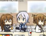  3girls bangs black_gloves black_serafuku blue_eyes blue_neckwear braid brown_eyes brown_hair cellphone charging collared_shirt crescent crescent_moon_pin dated elbow_gloves electricity flying_sweatdrops folded_ponytail food french_fries fumizuki_(kantai_collection) gloves hamu_koutarou inazuma_(kantai_collection) kantai_collection long_hair mole mole_under_eye multiple_girls neckerchief open_mouth parted_bangs phone plasma-chan_(kantai_collection) ponytail pun school_uniform serafuku shirt silver_hair sleeveless sleeveless_shirt smartphone umikaze_(kantai_collection) 