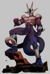  1boy clenched_hand cooler_(dragon_ball) dragon_ball dragonball_z fighting_stance fingernails floating_rock full_body grey_background kokusoji male_focus no_pupils red_eyes rock simple_background spread_legs standing tail 