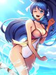  1girl blue_eyes blue_hair braid breasts fire_emblem fire_emblem:_seima_no_kouseki fire_emblem_heroes long_hair looking_at_viewer navel one-piece_swimsuit one_eye_closed open_mouth pegasus_knight phiphi-au-thon ponytail smile solo swimsuit tana twin_braids water 