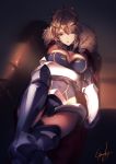  1girl arm_under_breasts armor armored_boots artoria_pendragon_(all) artoria_pendragon_(lancer) blonde_hair blue_dress blue_legwear boots breasts cape cleavage commentary crown dress fate/grand_order fate_(series) faulds fur-trimmed_cape fur_trim gauntlets green_eyes hair_between_eyes kyouya_(mukuro238) large_breasts leg_armor open_mouth red_cape signature sitting thighs 