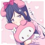  1girl =3 anger_vein animal_ears ayasaka blue_hair bow commentary_request dutch_angle fake_animal_ears flower hair_bow hair_flower hair_ornament heart heart_background holding holding_stuffed_animal long_hair long_sleeves love_live! love_live!_sunshine!! matsuura_kanan my_melody no_bangs pink_background pink_shirt polka_dot polka_dot_bow rabbit_ears red_bow sanrio shirt solo striped striped_background stuffed_animal stuffed_toy translated upper_body v-shaped_eyebrows vertical-striped_background vertical_stripes violet_eyes 