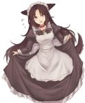  1girl alternate_costume animal_ears apron brown_hair commentary_request curtsey dress enmaided flying_sweatdrops imaizumi_kagerou juliet_sleeves long_sleeves maid maid_headdress puffy_sleeves red_eyes skirt_hold solo tail terrajin touhou white_background wolf_ears wolf_tail 