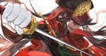  1girl black_hair cape fate/grand_order fate_(series) gloves hat holding holding_weapon katana long_hair military_hat oda_nobunaga_(fate) red_eyes sword weapon white_background white_gloves yinghuo 