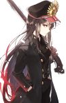 1girl belt black_gloves black_hair chibirisu commentary_request double-breasted fate/grand_order fate_(series) gloves gun hand_in_pocket hat highres long_coat long_hair oda_nobunaga_(fate) peaked_cap red_eyes rifle simple_background single_glove solo trench_coatblack_coat very_long_hair weapon white_background 
