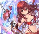  1girl bare_shoulders bikini breasts cleavage collarbone dutch_angle eyebrows_visible_through_hair feathers fingerless_gloves fire_emblem fire_emblem:_kakusei fire_emblem_heroes fish frilled_bikini frills fujimaru_(green_sparrow) gloves hair_between_eyes hair_feathers long_hair midriff navel open_mouth polearm redhead small_breasts solo spear swimsuit cordelia_(fire_emblem) twitter_username upper_body water weapon 