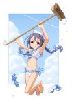  1girl :p anchor_symbol armpits arms_up barefoot bikini black_hair blush bow braid broom brown_eyes clouds commentary_request condensation_trail fugo full_body hair_bow hair_ornament hairclip hat high_heels holding holding_broom idolmaster idolmaster_cinderella_girls jumping long_hair miyoshi_sana navel sailor_bikini sailor_collar sailor_hat sailor_swimsuit_(idolmaster) shoes_removed sky smile solo striped striped_bow swimsuit tongue tongue_out twin_braids water water_drop 