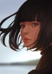  1girl black_hair blurry blurry_background brown_eyes lips looking_at_viewer magion02 original parted_lips portrait profile short_hair solo wind 