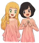  2girls black_hair blonde_hair braid green_eyes lillie_(pokemon) long_hair long_sleeves mizuki_(pokemon) multiple_girls nyonn24 open_mouth pajamas pink_pajamas pokemon pokemon_(game) pokemon_sm short_hair simple_background twin_braids white_background 