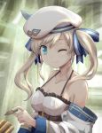  1girl beret blonde_hair blue_eyes breasts bullet cleavage commentary_request cucouroux_(granblue_fantasy) detached_sleeves granblue_fantasy hair_ribbon haniwa_(leaf_garden) hat highres long_sleeves medium_breasts off_shoulder one_eye_closed ribbon sidelocks smile solo spaghetti_strap twintails upper_body window 