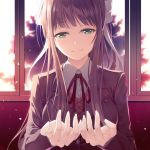  1girl brown_hair commentary_request cupping_hands doki_doki_literature_club eyebrows_visible_through_hair green_eyes hair_ribbon indoors long_hair looking_at_viewer mac-kine monika_(doki_doki_literature_club) ribbon school_uniform smile solo upper_body white_ribbon window 