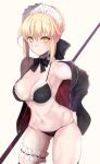  1girl alternate_breast_size artoria_pendragon_(all) artoria_pendragon_(swimsuit_rider_alter) black_legwear blonde_hair bow braid breasts cleavage contrapposto cowboy_shot crown_braid detached_collar fate/grand_order fate_(series) gluteal_fold hand_on_hip jacket leg_garter looking_at_viewer maid_bikini maid_headdress medium_breasts navel off_shoulder open_clothes open_jacket ribbon_trim saber_alter short_hair simple_background smile solo strap_gap string_bikini thigh-highs untsue yellow_eyes 