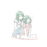  2girls :d ^_^ aqua_hair bang_dream! barefoot between_legs blush bowwow_(hamju94) bra_strap closed_eyes drying drying_hair eyebrows_visible_through_hair hair_dryer hand_between_legs hikawa_hina hikawa_sayo indian_style long_hair multiple_girls muted_color open_mouth shirt short_hair short_sleeves siblings simple_background sisters sitting smile t-shirt towel towel_around_neck twins white_background 
