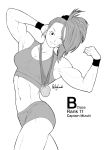  1girl abs absurdres ass bandaid bandaid_on_face bare_arms bare_shoulders biceps bike_shorts captain_mizuki character_profile eyelashes flexing gym_shorts highres joylewds legs looking_at_viewer medal midriff monochrome muscle muscular_female one-punch_man one_eye_closed ponytail pose short_hair shorts shoulders simple_background thighs tight white_background winking wrist_cuffs wristband 
